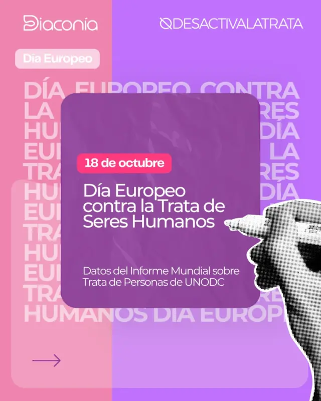 Día Europeo contra la Trata de Personas

La trata de personas no es un hecho del pasado.
Es una realidad que continúa afectando a miles de mujeres, niñas y niños en todo el mundo, vulnerando sus derechos y su dignidad.

Desde el proyecto de @desactivalatrata de @diaconia.es nos sumamos a este día para recordar que detrás de cada cifra hay una vida y que la trata adopta nuevas formas, pero sigue teniendo las mismas raíces: la desigualdad, la pobreza y la violencia.

💡 Combatirla requiere prevención, sensibilización y compromiso colectivo.

Porque ninguna persona debería ser tratada como mercancía.

📊 Datos extraídos del Informe Mundial sobre la Trata de Personas de la UNODC (2024).

#DíaEuropeoContraLaTrata #DesactivaLaTrata