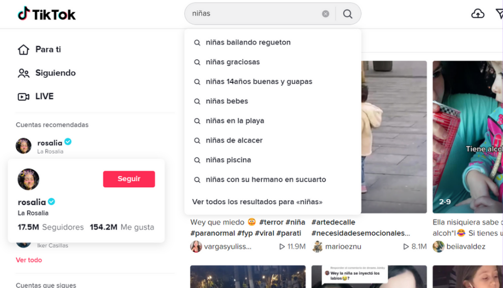 Captura de TikTok con la palabra "niñas"