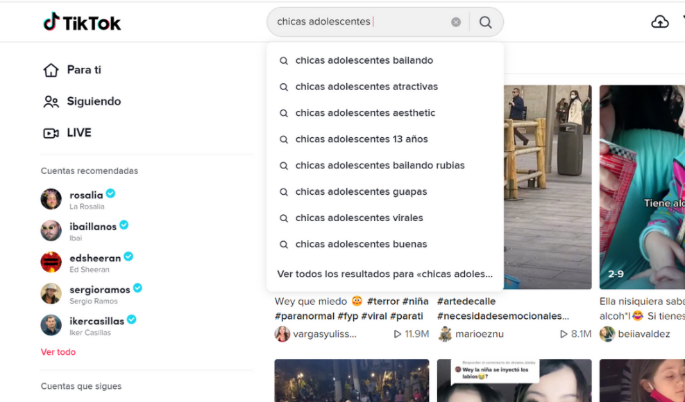 Captura de TikTok con la palabra "chicas adolescentes"