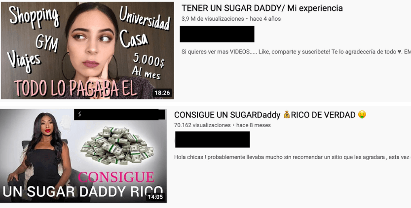 Captura sacada de la búsqueda “sugardaddy” en YouTube